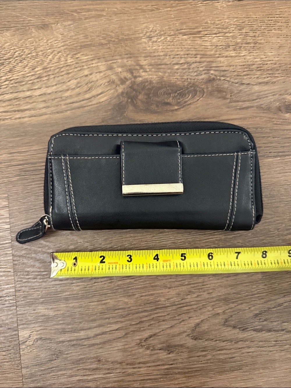 Black Leather Zip-Around Wallet with Contrast Stitching